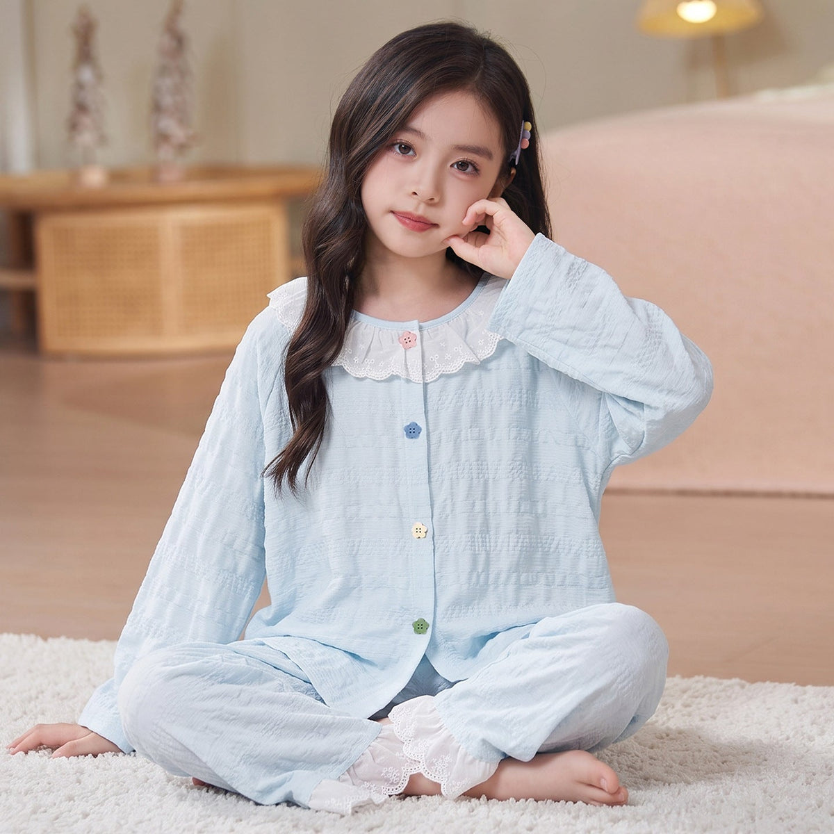 Kids Pajamas for Spring and Autumn Girls’ Cloud Cotton Long-Sleeve Thin Set, Big Kid 2026 New Trendy Homewear