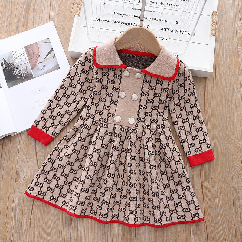 Girls' Knitted Elegant Long-Sleeved Princess Dress for Baby Girls Aged 1-6 Years Old, Fashionable g Letter Sweater for Autumn and Winter