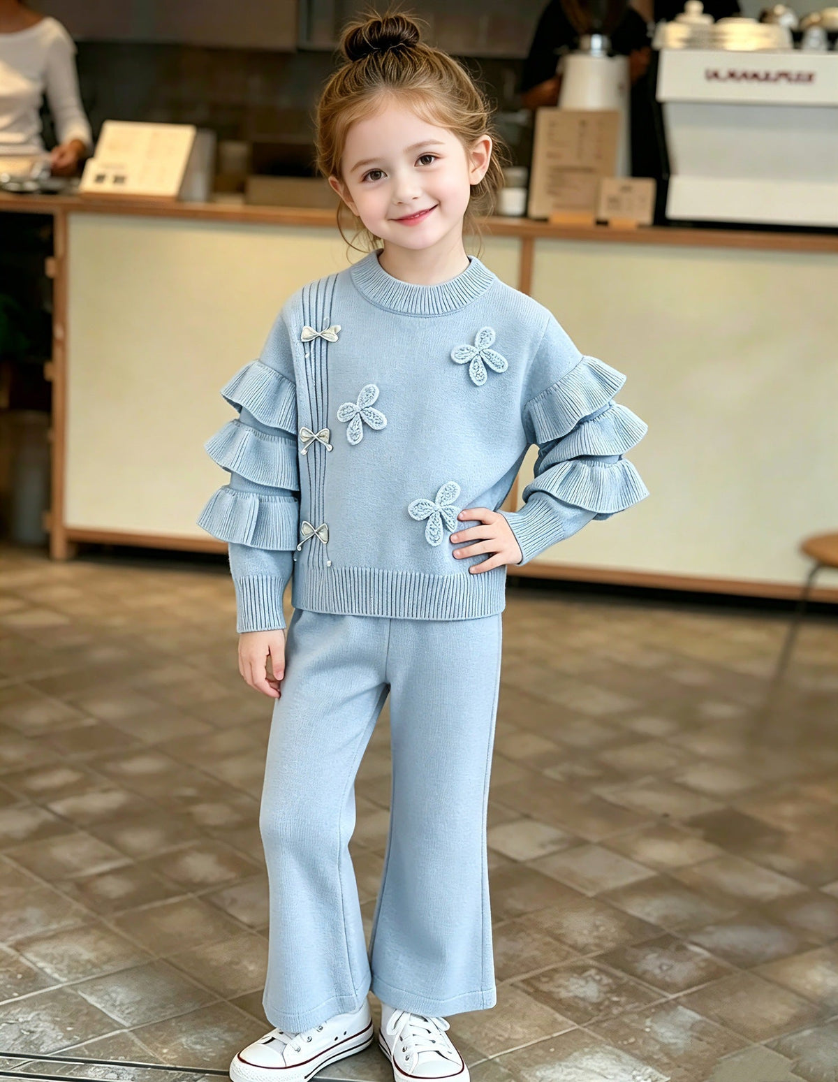 Children's Sweater Set with Sweet Lace Sleeves, Knitted Pants, Korean Style Stylish Flared Pants, Round Neck Sweater Set for Baby Girls