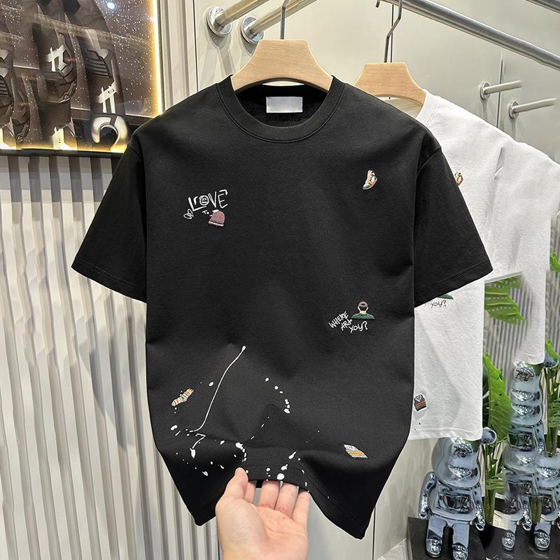 Men's Clothing New Korean Fashion Embroidered T-shirt Short-sleeved Bottoming Shirt 2024 Summer New Versatile Round Neck Top