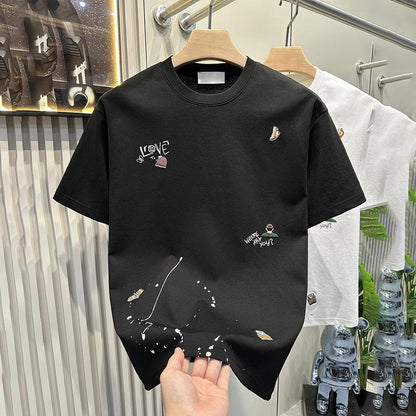 Men's Clothing New Korean Fashion Embroidered T-shirt Short-sleeved Bottoming Shirt 2024 Summer New Versatile Round Neck Top