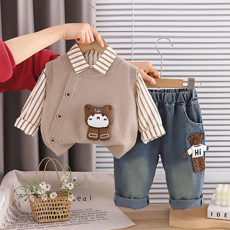 Free shipping boys' spring and autumn outfit, baby boy infant children's set, Korean style bear sweater, long-sleeve shirt three-piece set, trendy