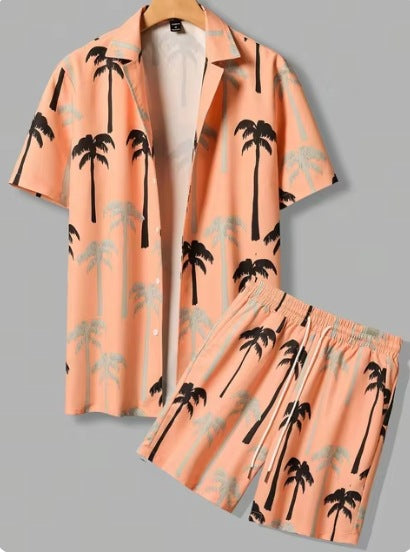 Short Sleeve Men's Summer Loose Foreign Trade Cross-border Casual Hawaiian Floral Beach Shirt Shorts ( Available )