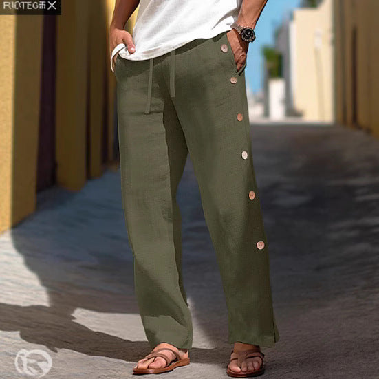 Men's Linen Trousers Drawstring Elastic Waist Side Buckle Solid Color Breathable Comfortable(Available)