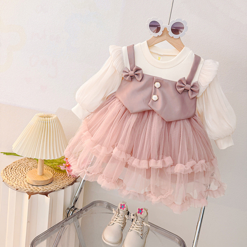 Spring Girls Dress 2025 New Mesh Long-Sleeved Spring Korean Style Fashionable Pure Color Foreign Style Baby Girl Skirt