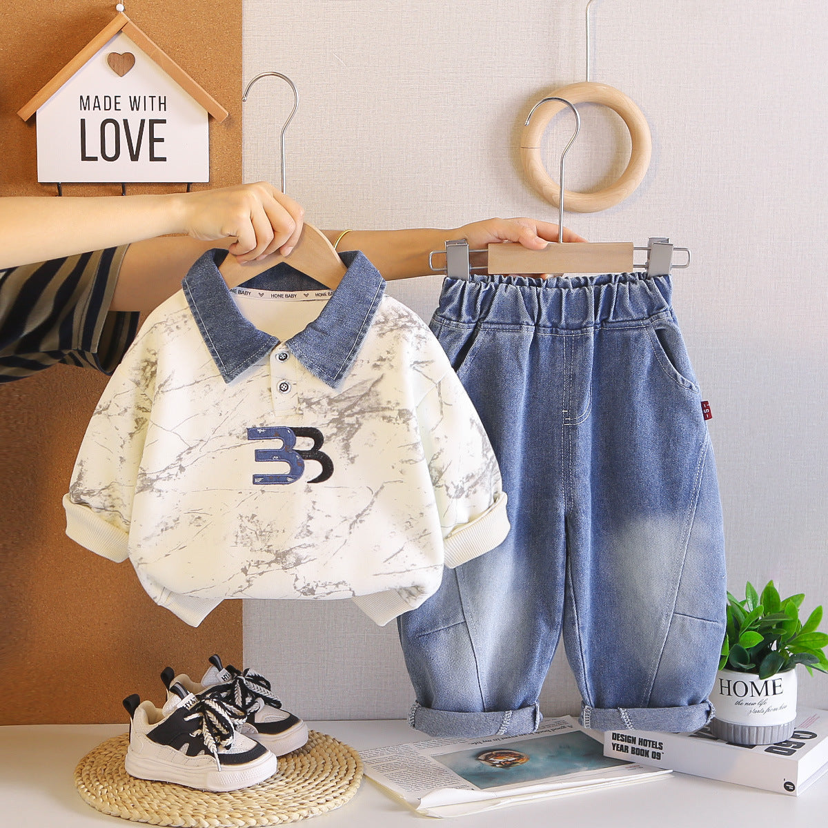 Boys' Striped Polo Set Spring and Autumn New Style Toddler Embroidered Turn-down Collar Sweatshirt and Pants Casual Two-piece Set Children's Clothing Wholesale