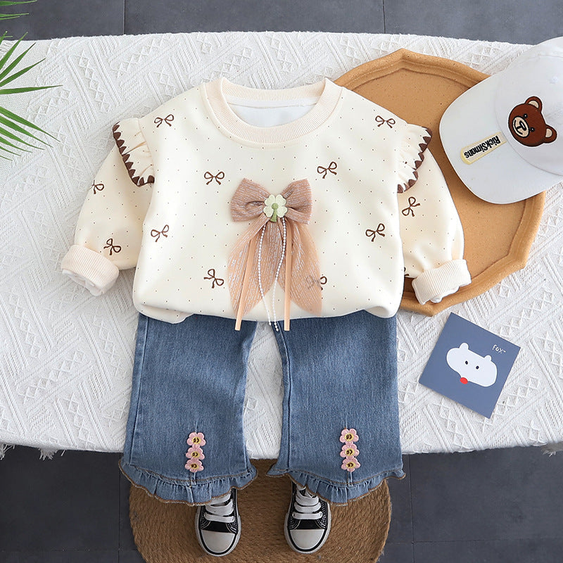 Girls 2025 Spring and Autumn Full Printed Bow Suit Baby Girl Jeans Long Sleeve Two-Piece Set Baby Trend