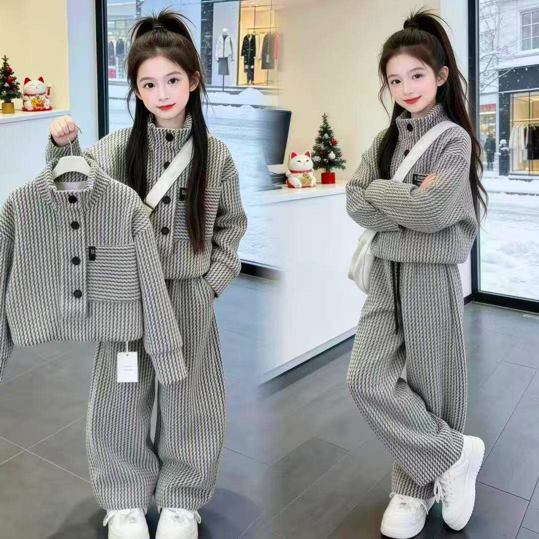 Girls' Korean-Style Stand-Collar Jacket and Wide-Leg Pants Two-Piece Set for Older Children, New Spring and Autumn Color-Block Striped Sweatshirt and Pants Set