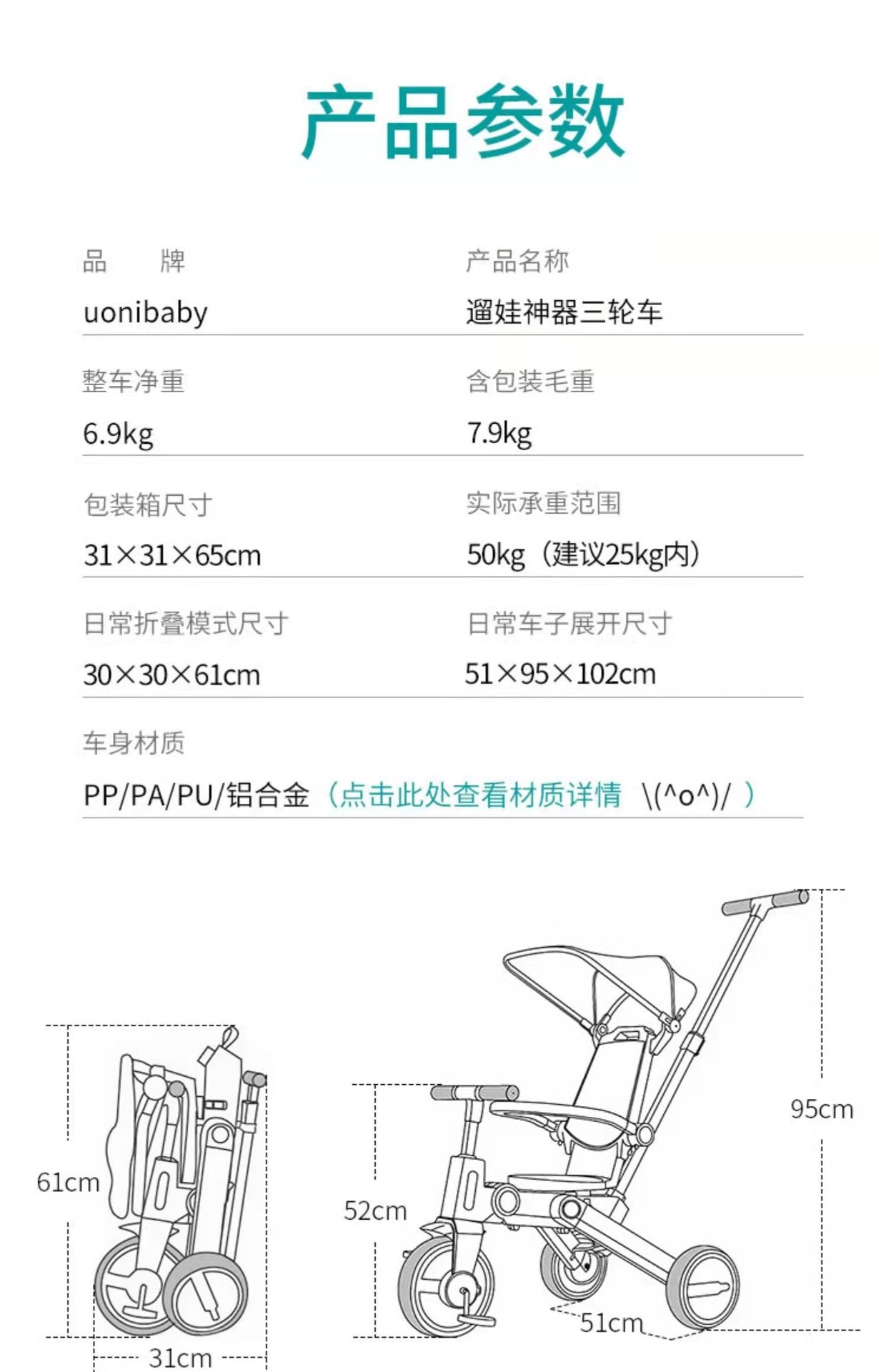 7-in-1 Aluminum alloy frame baby trike toddler tricycle for ages 1.5 years to 5 years