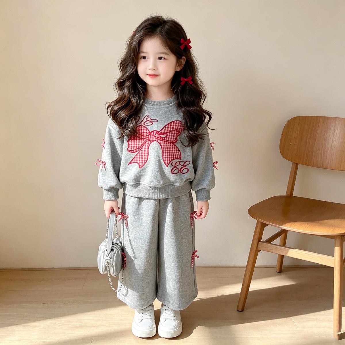 Girls' Bow-Knot Sweatshirt Set 2026 New Spring and Autumn Stylish Loose Straight-Leg Pants Two-Piece Children's Clothing Set