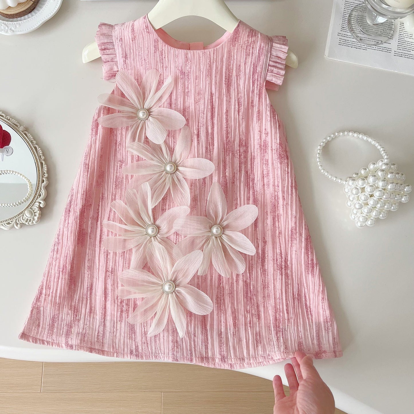 2025 Summer New Korean Girls Cute Three-Dimensional Flower Sleeveless Dress Girls Casual Daily Dress