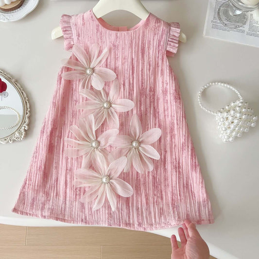 Summer New Korean Girls Cute Three-Dimensional Flower Sleeveless Dress Girls Casual Daily Dress