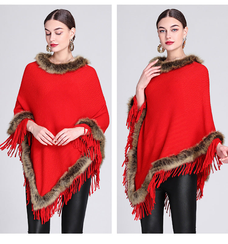 Womens Fashion Winter Pullover Tassel Top With Fur Collar