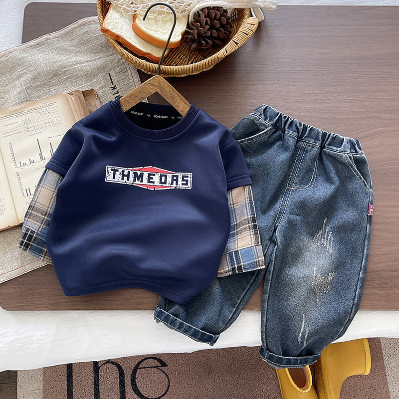 Boys' Autumn Outfit 2026 New Style 0-5 Years Old Baby Spring and Autumn Toddler Plaid Shirt Two-Piece Set Infant Children's Clothing