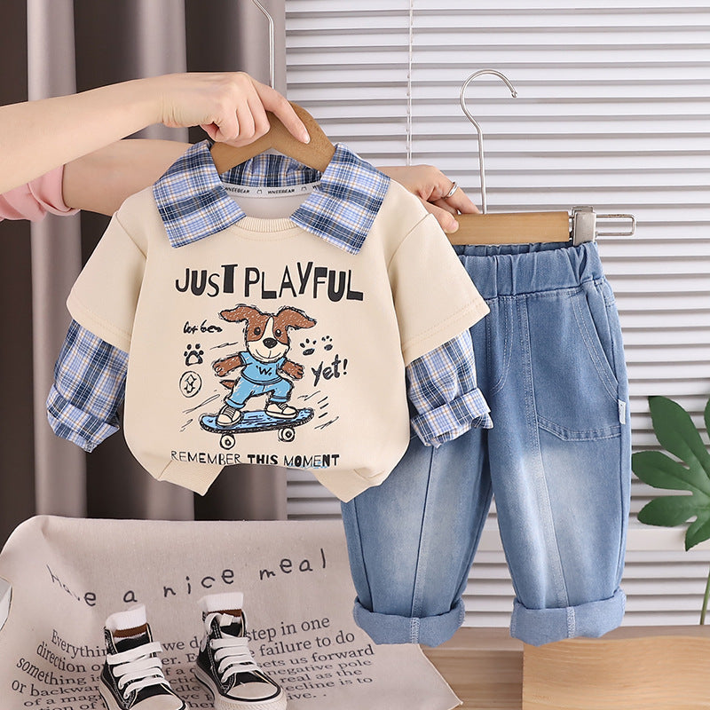 Boys Spring and Autum Suit 2026 New Style Kidsren's Cartoon Lapel Splicing Baby Casual Clothing Two-Piece Set