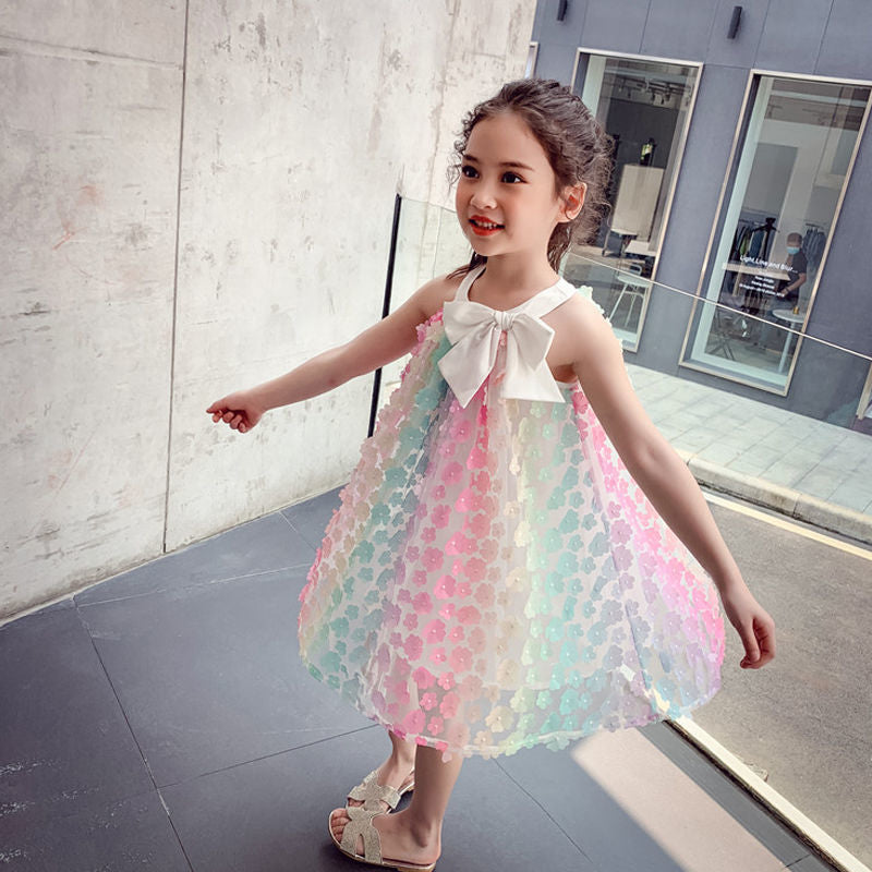 Girls sleeveless dress 2025 summer new color 3D flower skirt children's bow princess skirt