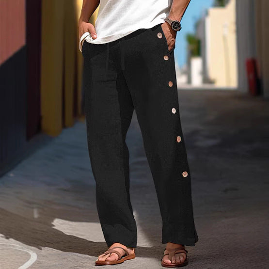 Men's Linen Trousers Drawstring Elastic Waist Side Buckle Solid Color Breathable Comfortable(Available)