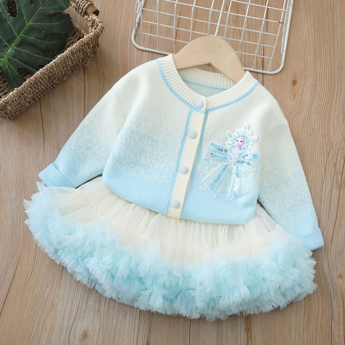 Girls' Cardigan Sweater, Princess Aisha Two-Piece Tutu Skirt, Autumn and Winter New Style, Korean Style Knitted Cardigan Set for Baby Girls