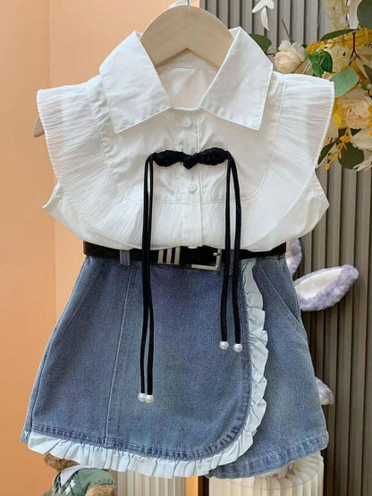 Girls princess style suit summer new baby girl flying sleeve shirt + denim lace skirt pants two-piece suit    (Available)
