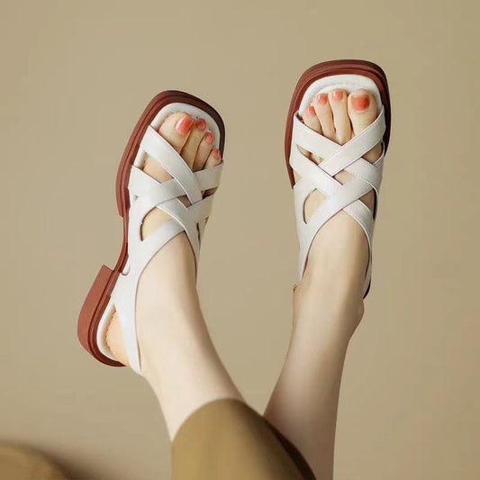 Women's Patent Leather Low Heel Square Toe Beach Sandals  (Available)