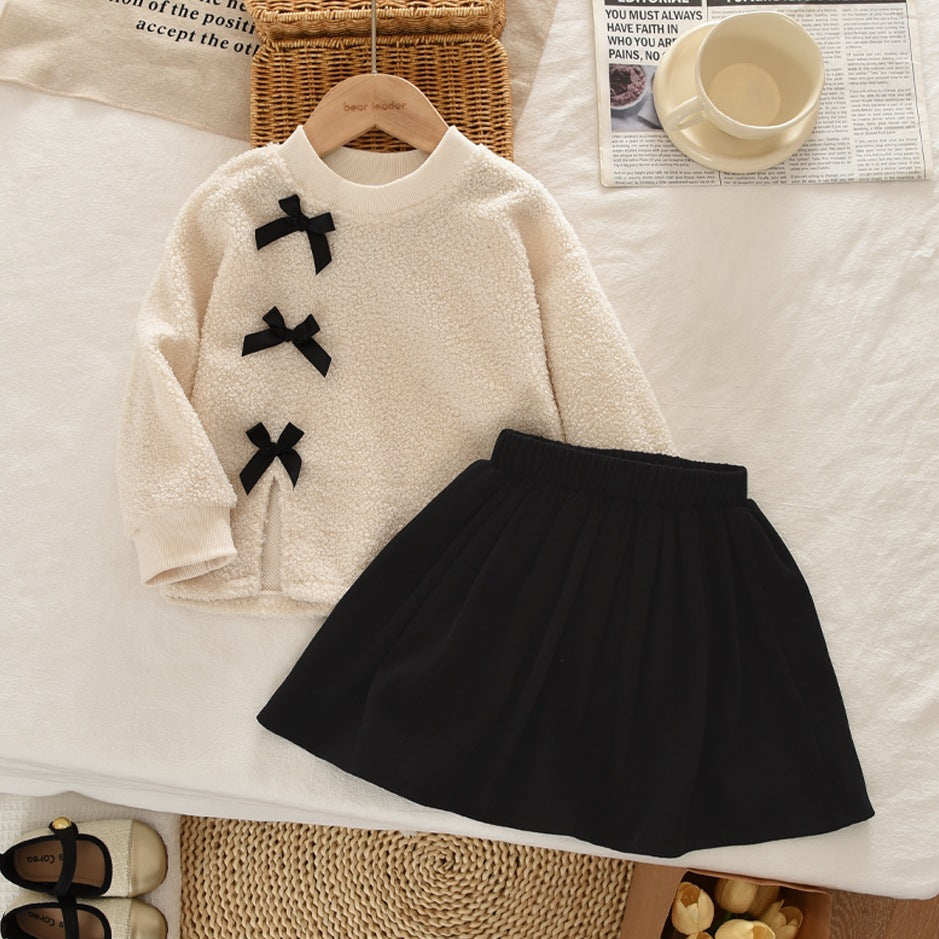 Girls' Autumn and Winter Outfit with Bow, Teddy Velvet Long-Sleeve Top and Short Skirt, Korean Style Simple Two-Piece Set, Cross-Border Children's Clothing