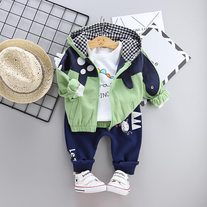 High quality Kids set baby boy dinosaur hooded jacket three -piece set