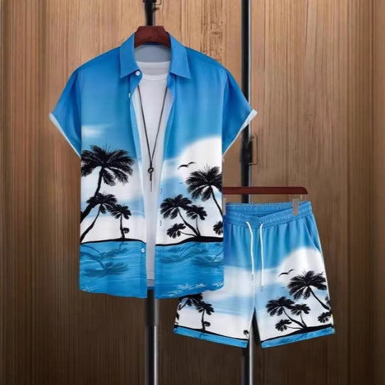 Short Sleeve Men's Summer Loose Foreign Trade Cross-border Casual Hawaiian Floral Beach Shirt Shorts ( Available )
