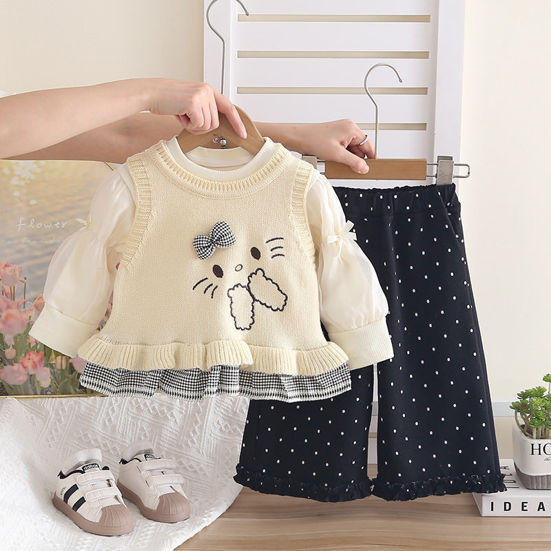 Girls' Autumn Outfit 2026 New Set: Stylish Casual Polka Dot Rabbit Sweater for Children, Spring and Autumn Three-Piece Set for Babies