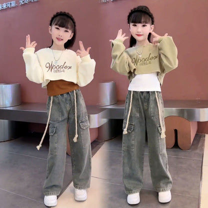 Girls autumn three-piece suit new Korean version girls fashionable vest sweatshirt workwear jeans net