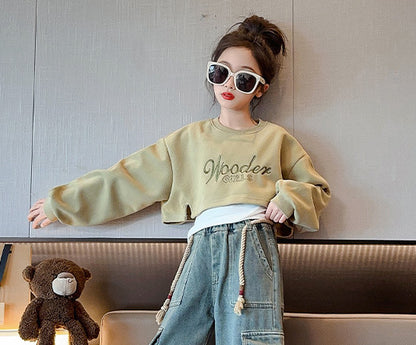 Girls autumn three-piece suit new Korean version girls fashionable vest sweatshirt workwear jeans net