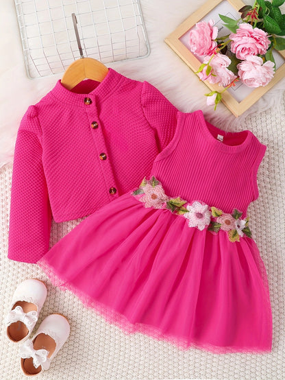 Girl's spring and autumn style waist flower design dress