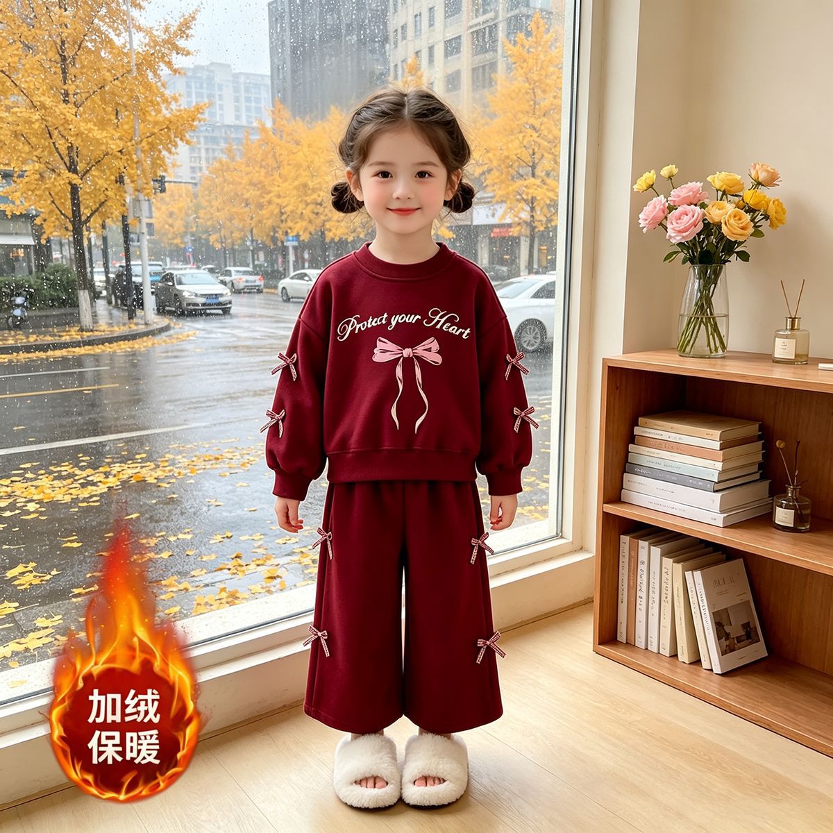 Korean-Style Ins Cat-Themed Girls' Outfit, Spring and Autumn Children's Bow Sweatshirt and Wide-Leg Pants Two-Piece Set, Export Children's Clothing