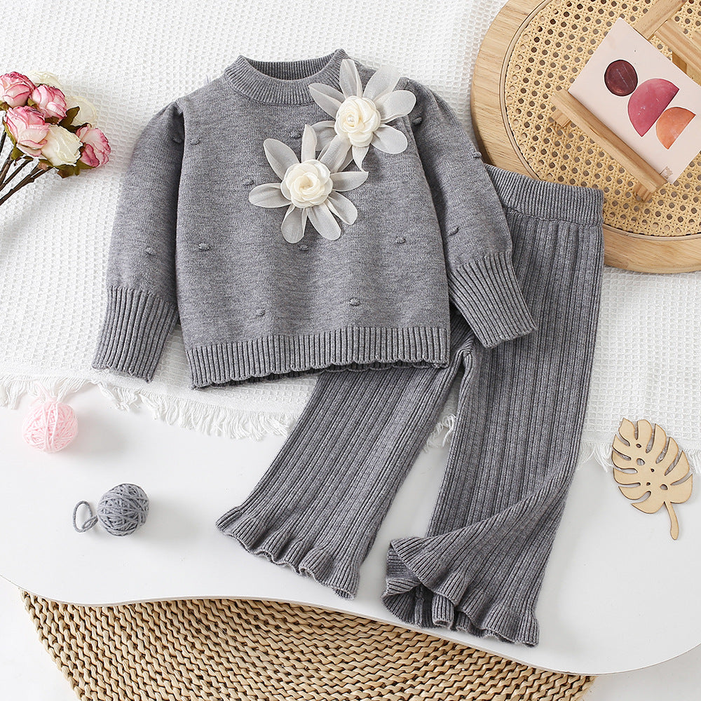 Girls' Sweater Set Autumn and Winter New Style Two-Flower Knitted Sweater Dress Baby Girl Korean Style Fashionable Knitted Pullover