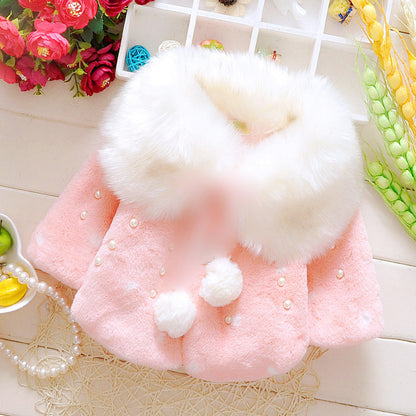 New Baby Girl Winter Coat Cloak Fur Collar Warm Thick Velvet Children's Clothes Kids