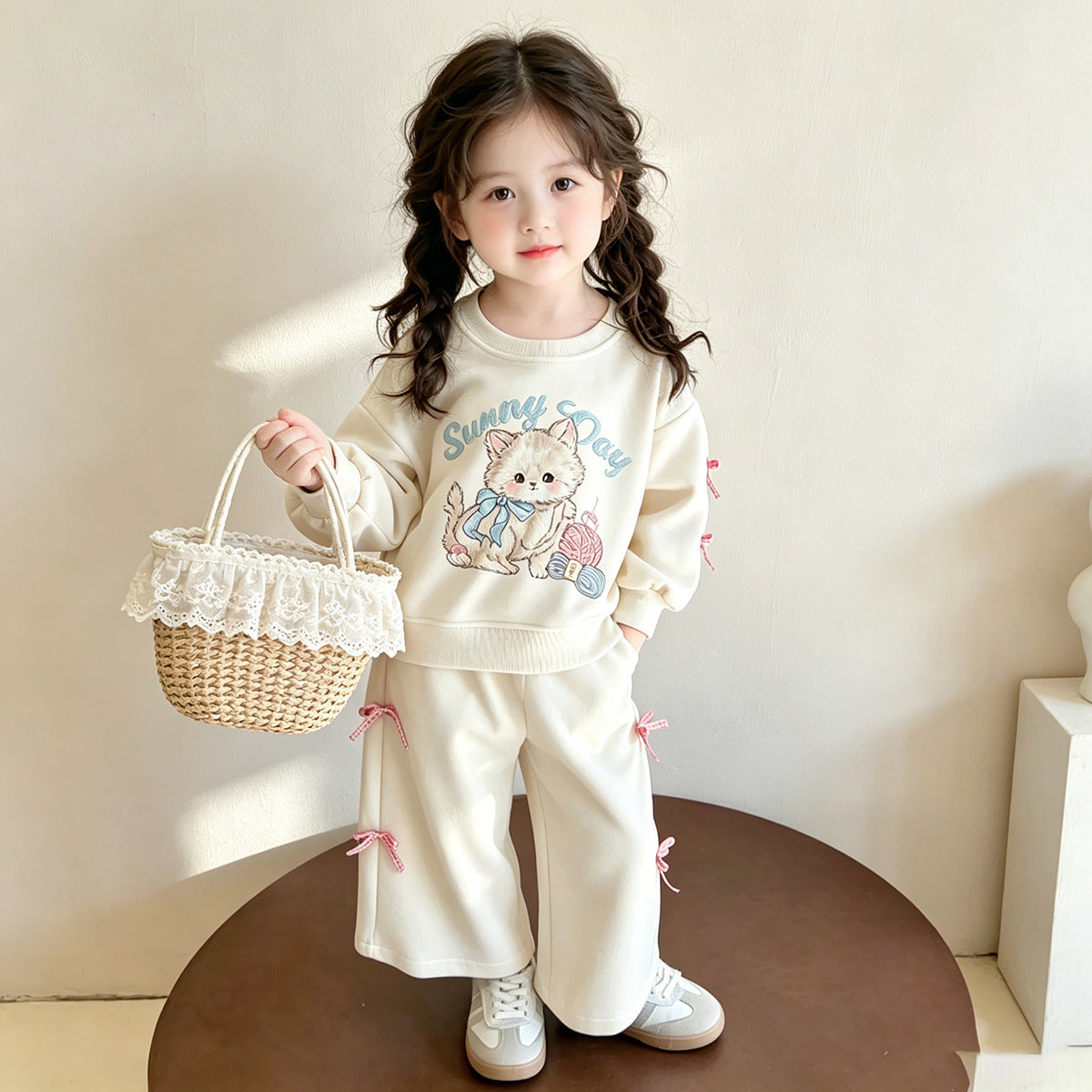 Korean-Style Ins Cat-Themed Girls' Outfit, Spring and Autumn Children's Bow Sweatshirt and Wide-Leg Pants Two-Piece Set, Export Children's Clothing