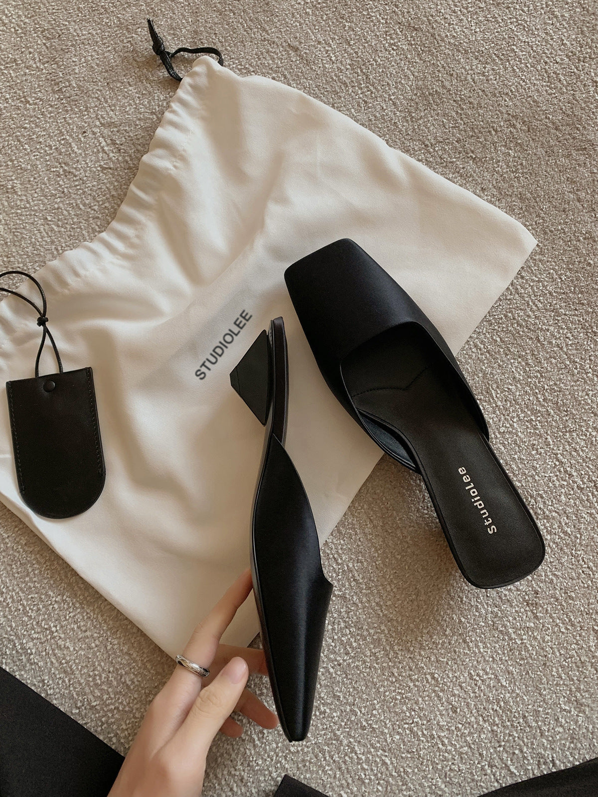 French Style Square Toe Low-cut Silk Satin Triangle Heel Muller Sandals (Available)