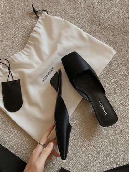 French Style Square Toe Low-cut Silk Satin Triangle Heel Muller Sandals (Available)
