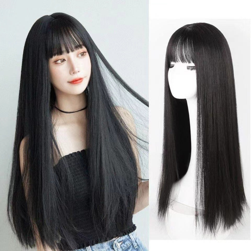 Wigs for women with air bangs, long straight hair, soft girl, realistic and natural full head set  (Available)