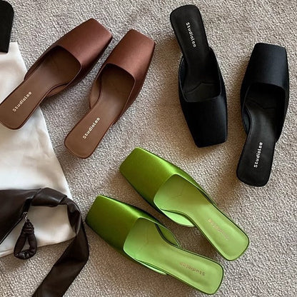 French Style Square Toe Low-cut Silk Satin Triangle Heel Muller Sandals (Available)