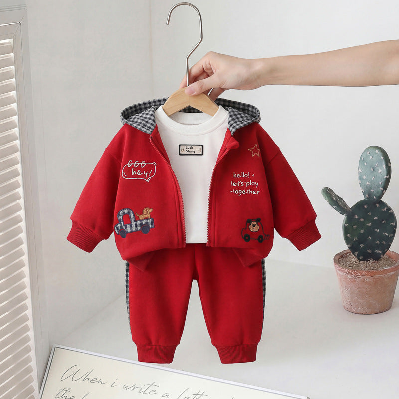 2026 New Spring Outfit for Boys, Stylish Baby Spring and Autumn Clothing Set for Children Aged 1-4, Cartoon Puppy Three-Piece Trendy Set