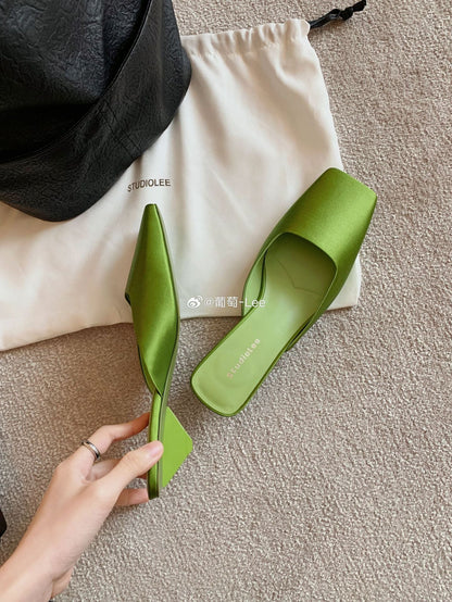 French Style Square Toe Low-cut Silk Satin Triangle Heel Muller Sandals (Available)