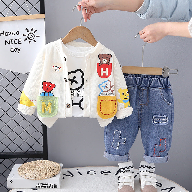 Spring 2025 New Boys' Cartoon Cardigan Long-sleeved Three-piece Set for Boys and Babies' Casual Denim Trousers for suit and Hair