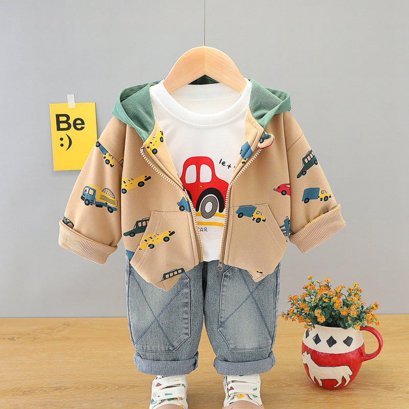 Free Shipping Boys Autum Suit New Little Boy Spring and Autum Car Hooded Jacket Baby Boy Autum Three-Piece Suit