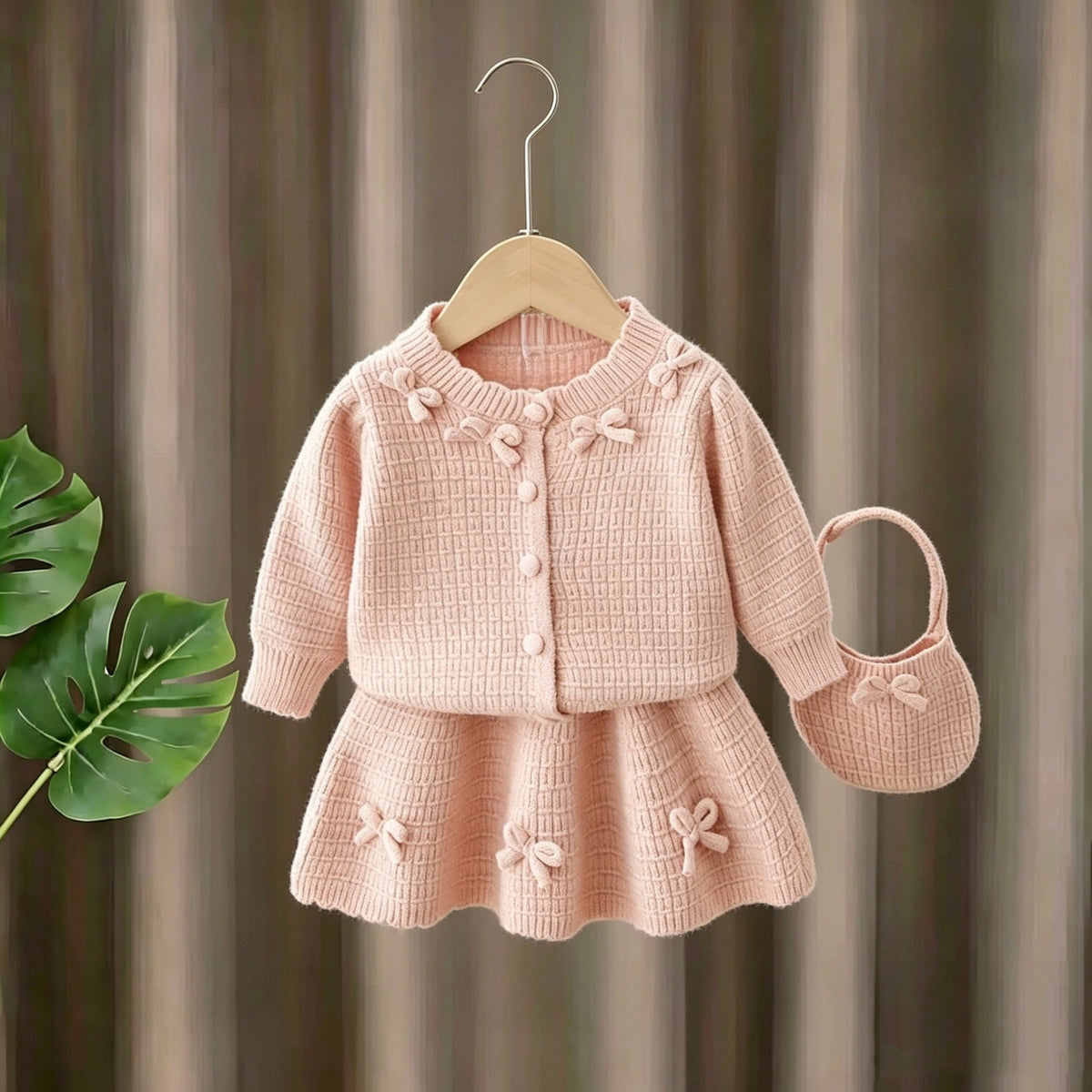 New Autumn/Winter Girls' Sweater Set: Knitted Bowknot Solid Color Cardigan Coat and Skirt Two-Piece Set with Small Bag