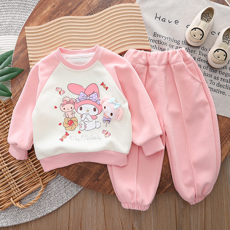 Free shipping Yikids girls' spring new baby girls' cartoon cute rabbit sweater long-sleeved trousers two-piece suit