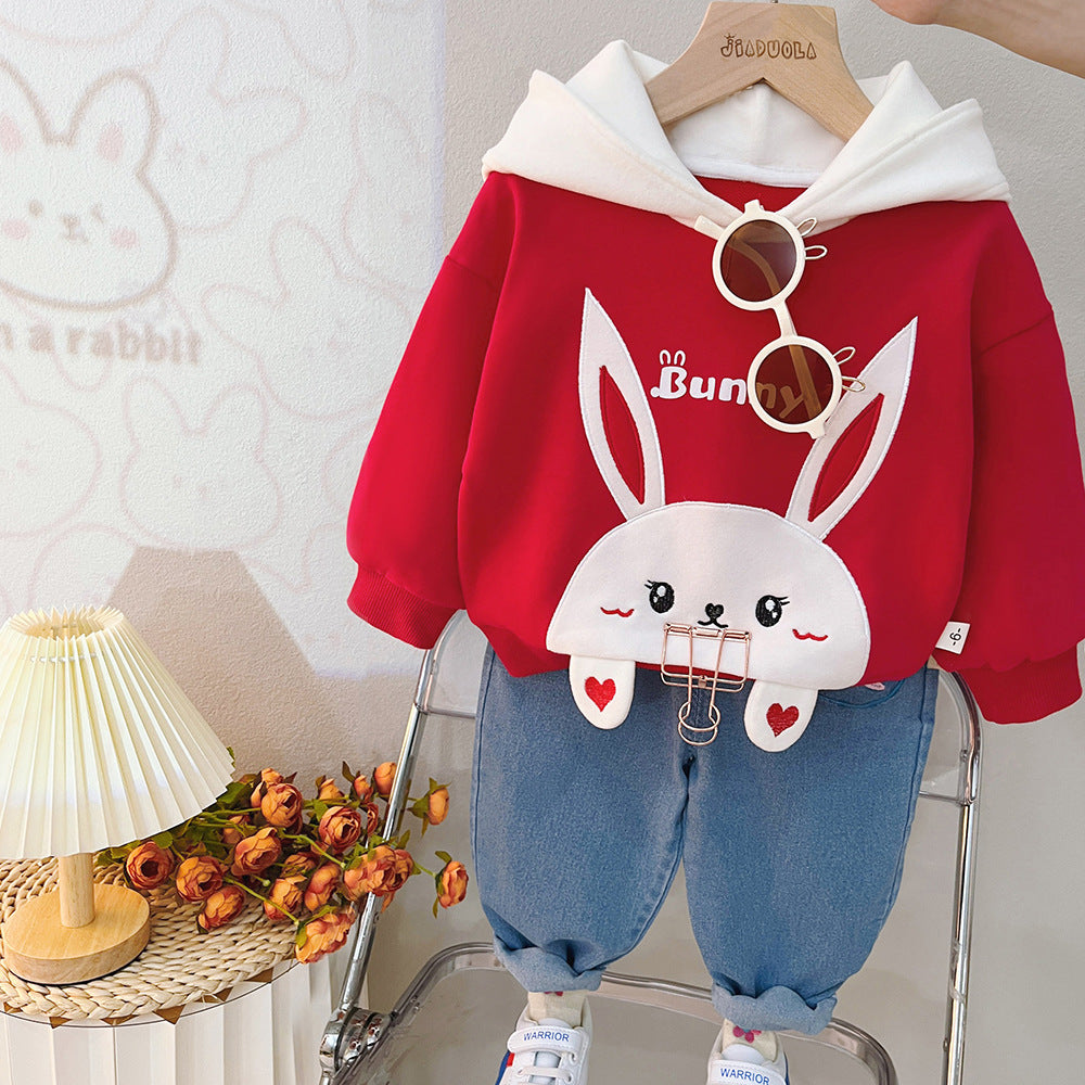 Girls' autumn wear sports suit 2023 new western style fashionable cute cartoon rabbit 1-3 years old baby girl bathroom clothes