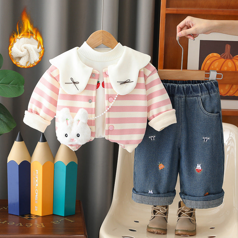 Wuxiaoqi Children's Clothing 2025 Autumn/Winter New Style 0-4 Years Old Girls Infant F= Rabbit Thickened Cotton Warm Three-Piece Set