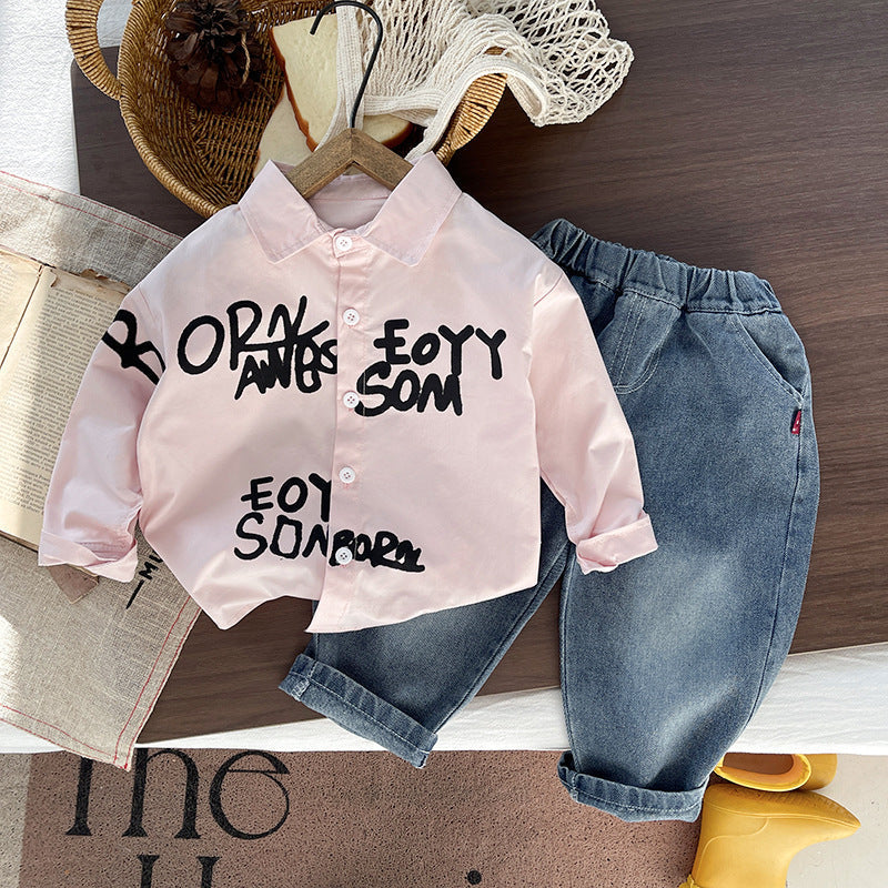 2026 New Boys' Outfit Spring and Autumn Style Children's Fashionable Baby Autumn Letter Shirt Casual Two-Piece Set Trendy