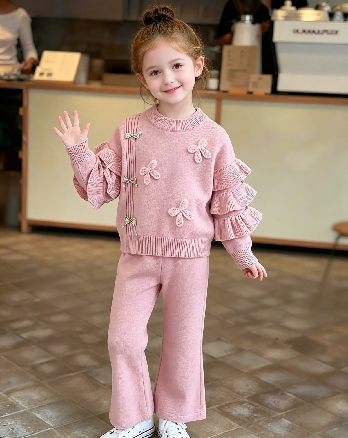 Children's Sweater Set with Sweet Lace Sleeves, Knitted Pants, Korean Style Stylish Flared Pants, Round Neck Sweater Set for Baby Girls