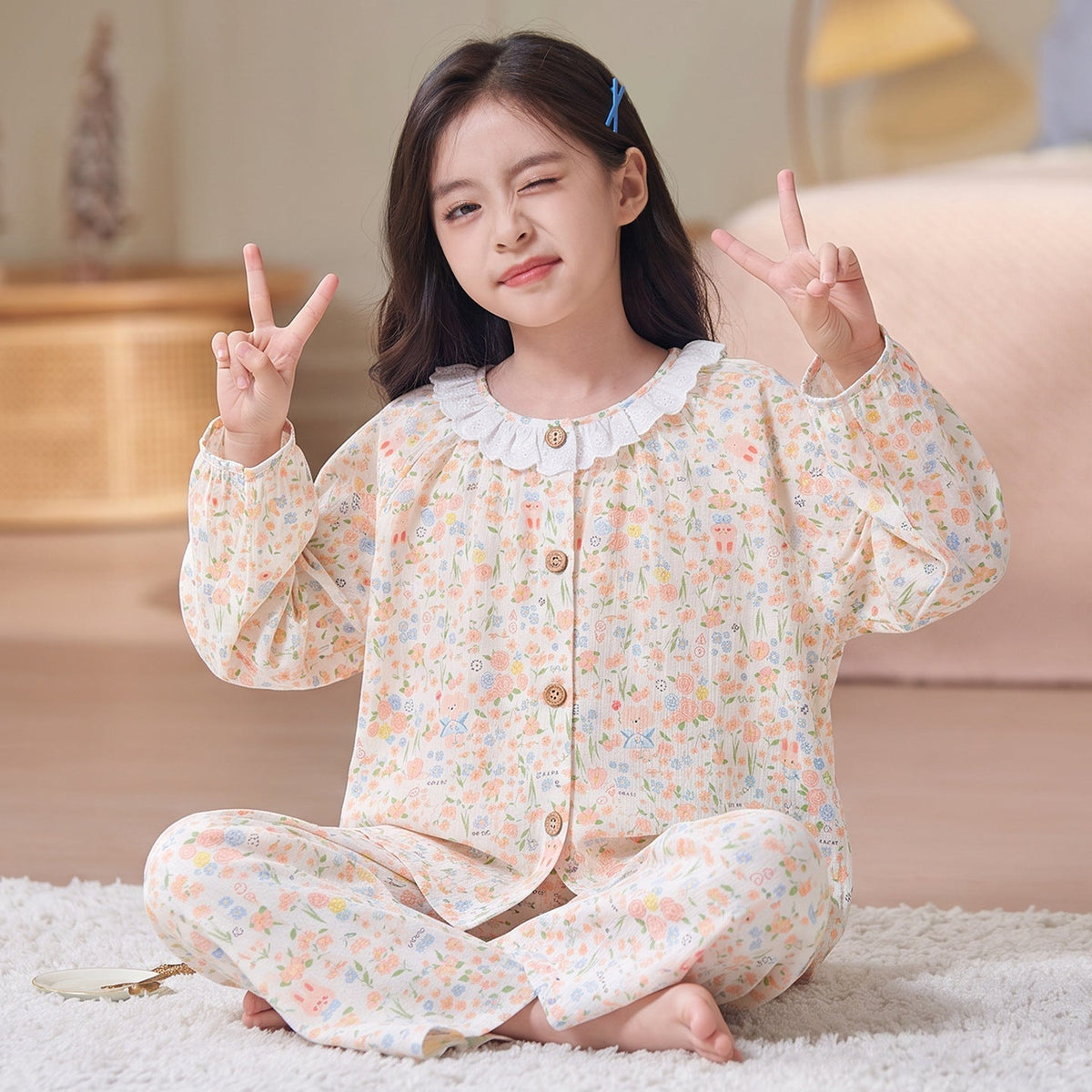 Kids Pajamas for Spring and Autumn Girls’ Cloud Cotton Long-Sleeve Thin Set, Big Kid 2026 New Trendy Homewear